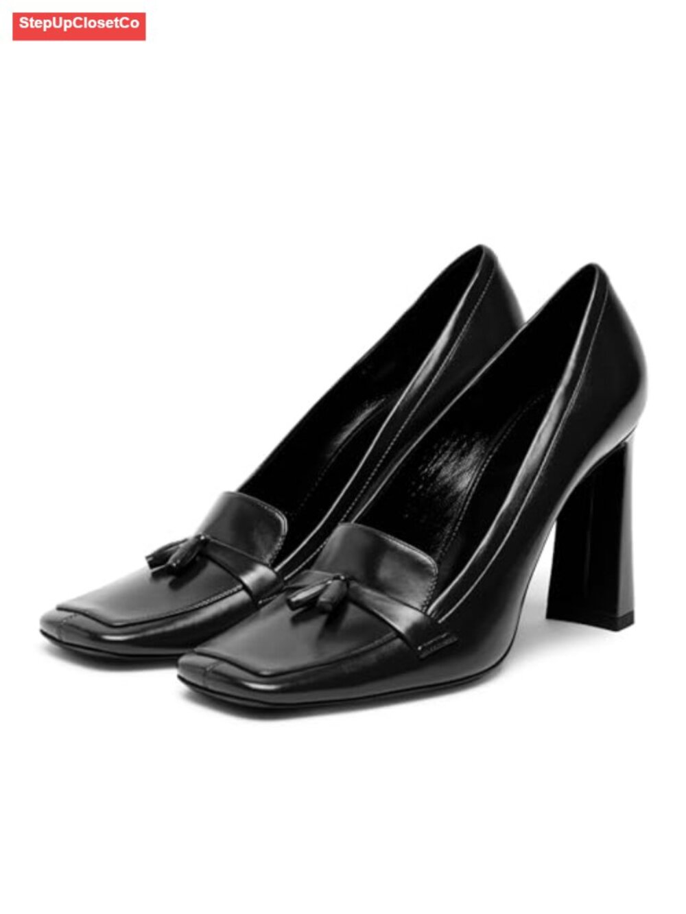 Square Toe Tassel Loafers Chunky Block Heel Pumps Office Business Shoes